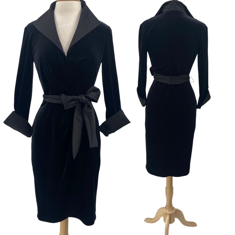 Tadashi Shoji Black Velvet Wrap-Style Mini Dress with Satin Trim